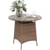 Outsunny Wicker Garden Rattan Table, Patio Furniture Outdoor Coffee Table with Umbrella Hole and Tempered Glass Top, Brown