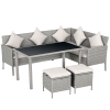 Outsunny 5 Pieces Rattan Garden Furniture Set, 6 Seater Wicker Dining Set, Corner Garden Sofa Outdoor Furniture Set with Glass Top Table, Footstool and Cushions for Patio, Beige