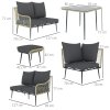 Outsunny 6 Pieces Rattan Garden Furniture Set, Garden Corner Sofa with Thickened Cushions, Outdoor Dining Set with Glass Top Dining Table, Loveseats and Footstools for Conservatory, Light Grey