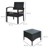 Outsunny 3 Pieces Rattan Bistro Set, Wicker Garden Furniture Set with Glass Top Coffee Table and Chairs, Washable Cushions for Outdoor, Patio, Balcony, Black