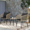 Outsunny 3 Piece Rattan Bistro Set, Patio Wicker Conversation Furniture Set with 2 Chairs, Tempered Glass Table, Cushions, Adjustable Foot Pads, for Garden, Balcony, Nature Wood Finish