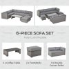 Outsunny 6 Pieces Rattan Garden Furniture Set, Wicker Garden Corner Sofa Set with 10cm Thickened Cushions, Aluminium Frame Conservatory Furniture with Glass Top Coffee Table, Footstools, Grey