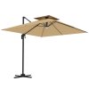 Outsunny 2.5m Cantilever Parasol with Solar Powered LED Lights, Double Top Square Overhanging Garden Parasol with 360 Rotation, Tilt Adjustment, Crank Handle, Khaki