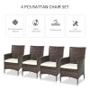 Outsunny 4 Pieces Outdoor PE Rattan Dining Chairs Set with Cushion, Garden Armchair with Armrests, High Backrest, Metal Frame Patio Wicker Furniture, Mixed Brown