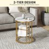 HOMCOM Round Coffee Table Set of 2, Marble-Effect Side Tables with Storage Open Shelf and Steel Frame for Living Room, Bedroom, Gold Tone