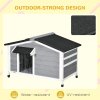 PawHut Wooden Dog Kennel Outdoor, Elevated Dog House for Outside, with Openable Top, Asphalt Roof, Windows, Curtain, Removable Tray, Adjustable Legs, 65H x 97L x 72Wcm, Grey
