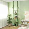 PawHut Floor to Ceiling Cat Tree, 225-255cm Adjustable Cat Tower Indoor, Multi-Level Activity Centre with Sisal Scratching Posts, Grooming Brush Post, Hammocks, Green