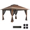 Outsunny 3.6 x 3.6m Pop Up Gazebo with Mesh Sides, UPF50+ Height Adjustable Party Tent Instant Event Shelter with Wheeled Carry Bag and Sand Bags for Garden, Patio, Brown