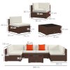 Outsunny 7 Pieces PE Rattan Garden Furniture Set with Thick Padded Cushion, Patio Garden Corner Sofa Sets with Glass Coffee Table and Pillows, Buckle Structure, Mixed Brown