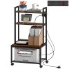 HOMCOM 4-Tier Printer Stand with Power Outlets, Mobile Printer Table with Wheels and Metal Frame for Home Office, Study, Rustic Brown