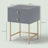 HOMCOM Bedside Tables Set of 2, Bedside Cabinet with 2 Drawers, Gold Steel Legs, Modern Side Table with Striped Panel for Bedroom, Living Room, Grey