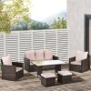 Outsunny 6 Pieces Rattan Garden Furniture Set, 7 Seater Wicker Garden Sofa Set with Glass Top Dining Table, Armchairs and Footstools, Outdoor Furniture with Cushions for Patio, Mixed Brown
