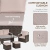 Outsunny 6 Pieces Rattan Garden Furniture Set, 7 Seater Wicker Garden Sofa Set with Glass Top Dining Table, Armchairs and Footstools, Outdoor Furniture with Cushions for Patio, Mixed Brown