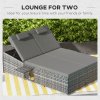 Outsunny Double Rattan Sun Lounger, Garden Daybed with 5-Level Adjustable Backrest and Flip Side Trays, Wicker Outdoor Furniture Recliner with Cushions and Pillows for Patio, Grey