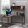 HOMCOM L Shaped Desk with Book Shelf, Industrial Corner Computer Desk, Writing Table with Steel Frame for Home Office, Bedroom, Study Room, 140 x 125cm, Brown