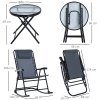 Outsunny 3 Piece Outdoor Rocking Set with 2 Folding Chairs and 1 Tempered Glass Table, Patio Bistro Set for Garden, Deck, Grey