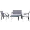 Outsunny 4 Pcs Curved Steel Outdoor Furniture Set w/ Loveseat, 2 Texteline Seats, Glass Top Table Garden Balcony Patio Furniture For Family Party Events Guests -Grey