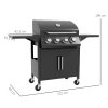 Outsunny 4 Burner Gas BBQ, Outdoor Grill, Portable Barbecue Trolley with Warming Rack, Side Shelves, Storage Cabinet, Thermometer, Carbon Steel, Black