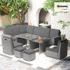 Outsunny 10 Seater Rattan Dining Set with Expandable Table and Nesting Chairs, Rattan Garden Furniture Set with Cushions, Outdoor Dining Table and Chairs, Sectional Corner Sofa Set, Light Grey