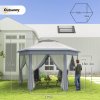 Outsunny 3 x 4m Garden Gazebo Hexagon Pop Up Gazebo Party Tent Canopy Double Roof Instant Shelter with Netting and Carry Bag for Outdoor Patio, Grey