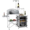 Outsunny Camping Kitchen with Storage Cupboard, Folding Camping Table, Aluminium Portable Picnic Table with Windshield, Light Stand, Carrying Bag for BBQ, Silver