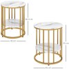 HOMCOM Round Coffee Table Set of 2, Marble-Effect Side Tables with Storage Open Shelf and Steel Frame for Living Room, Bedroom, Gold Tone