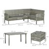 Outsunny 5 Pieces Rattan Garden Furniture Set, 6 Seater Wicker Dining Set, Corner Garden Sofa Outdoor Furniture Set with Glass Top Table, Footstool and Cushions for Patio, Dark Blue