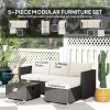 Outsunny 5 Piece Rattan Garden Furniture Set with Gas Fire Pit Table, 4 Seater Outdoor Sectional Sofa Set with Footstool and Removable Cushions, Modular Combination, Black and Cream White