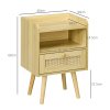HOMCOM Bedside Tables Set of 2, Boho Styled Nightstand with Drawer, Storage Compartment and Rattan Accent, Side End Table for Bedroom, 40 x 30 x 60cm, Natural Wood Finish