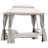 Outsunny 3 Seater Convertible Swing Chair, Outdoor Gazebo Swing Seat Bed with Double Tier Canopy, Cushioned Seat, Mesh Sidewalls and Curtains, Beige