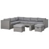 Outsunny 6 Pieces Rattan Garden Furniture Set, Wicker Garden Corner Sofa Set with 10cm Thickened Cushions, Aluminium Frame Conservatory Furniture with Glass Top Coffee Table, Footstools, Grey