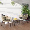 Outsunny 3 Piece Rattan Bistro Set, Patio Wicker Conversation Furniture Set with 2 Chairs, Tempered Glass Table, Cushions, Adjustable Foot Pads, for Garden, Balcony, Nature Wood Finish