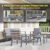 Outsunny 6 Piece Rattan Garden Furniture Set with 3-Seater Sofa, 2 Chairs and 2 Footstools, 7 Seater Outdoor Sofa Set with Glass Top Coffee Table and Cushions for Balcony, Grey