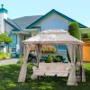 Outsunny 3 Seater Convertible Swing Chair, Outdoor Gazebo Swing Seat Bed with Double Tier Canopy, Cushioned Seat, Mesh Sidewalls and Curtains, Beige