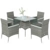 Outsunny Rattan Dining Set, 4 Seater Rattan Garden Furniture Set with 50mm Parasol Hole, Outdoor Garden Table and Chairs with Cushions, Slatted Wood Tabletop for Patio, Conservatory, Grey