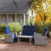 Outsunny 4 Piece Rattan Garden Furniture Set with Adjustable Backrest, Wicker Outdoor Furniture Sofa Set with Loveseat, Reclining Armchairs, Thickened Cushions and Glass Top Table, Navy Blue