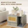 PawHut Cat Litter Box Enclosure with Rattan Door, Boho Style Hiddern Litter Box Furniture, Cat House End Side Table with Scratching Mat, Toy Ball, Non-slip Foot Pads, 80 x 50 x 50cm, Grey