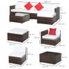 Outsunny 6 Pieces Rattan Garden Furniture Set, 5 Seater Sectional Garden Corner Sofa Set with Glass Top Coffee Table, Cushions and Pillows, All-Weather Wicker Conversation Furniture, Cream White