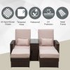 Outsunny Double Rattan Sun Lounger, Already Assembled Reclining Garden Lounger with Retractable Footrest, Glass Top Storage Table with Umbrella Hole, Garden Sunbed with Cushions and Pillows, Brown