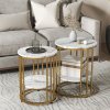HOMCOM Round Coffee Table Set of 2, Marble-Effect Side Tables with Storage Open Shelf and Steel Frame for Living Room, Bedroom, Gold Tone