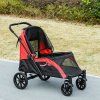 PawHut Dog Stroller, Easy Folding Pet Stroller for Large Dogs, Puppy Pram Pet Pushchair with 4 Big Wheels, Shock-Absorbing Frame, Safety Leashes, Brakes, Red/Black