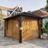 Outsunny 3 x 3.6m Outdoor Hardtop Gazebo Metal Roof Patio Gazebo with Aluminium Frame, Mesh Nettings, Curtains, & Roomy Interior Space, Brown