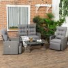 Outsunny 4 Piece Rattan Garden Furniture Set with Adjustable Backrest, Wicker Outdoor Furniture Sofa Set with Loveseat, Reclining Armchairs, Thickened Cushions and Glass Top Table, Grey