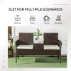 Outsunny 2 Seat Rattan Garden Bench, Patio Wicker Chair with Glass Tea Table, Outdoor Love Seat with Padded Cushions, for Garden, Porch, Brown/Cream White