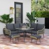 Outsunny 6 Pieces Rattan Garden Furniture Set, Garden Corner Sofa with Thickened Cushions, Outdoor Dining Set with Glass Top Dining Table, Loveseats and Footstools for Conservatory, Light Grey