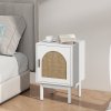 HOMCOM Rattan Bedside Table, Boho Bedside Cabinet with Adjustable Shelf and Solid Wood Legs, Side Table for Living Room, Bedroom, White