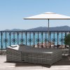Outsunny Double Rattan Sun Lounger, Garden Daybed with 5-Level Adjustable Backrest and Flip Side Trays, Wicker Outdoor Furniture Recliner with Cushions and Pillows for Patio, Grey