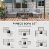 Outsunny 7 Pieces PE Rattan Garden Furniture Set with Thick Padded Cushion, Patio Garden Corner Sofa Sets with Glass Coffee Table and Pillows, Buckle Structure, Grey