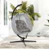 Outsunny Hanging Egg Chair Outdoor Indoor Garden Swing Chair with Folding Basket, Garden Hanging Chair with Stand, Thickened Cushion, Cup Holder for Patio, Balcony, Sand Brown