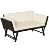 Outsunny Rattan Garden Sofa Bed with Adjustable Armrests, 2-in-1 Convertible Couch Garden Daybed Lounger, Outdoor Folding Chaise Lounge Loveseat with Cushions for Porch, Patio, Brown